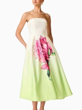 Elliatt Elisia Strapless Gown Pink Green Floral Flower Satin - Size Small